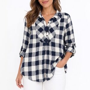Thursday Island Navy Cream Buffalo Plaid Roll Tab Sleeve Tunic Shirt Size M